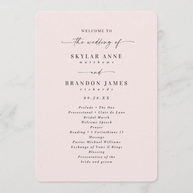 Programa Elegante Cerimônia de Casamento em Porcelana Rosa  (Frente)
