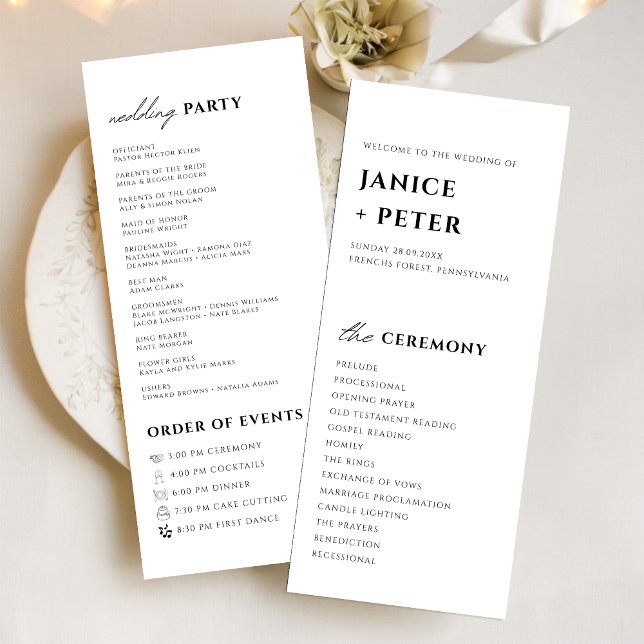 Programa Elegante Cerimônia de Casamento em Preto e Branco (Elegant black and white ceremony program adds timeless style while guiding your wedding guests)