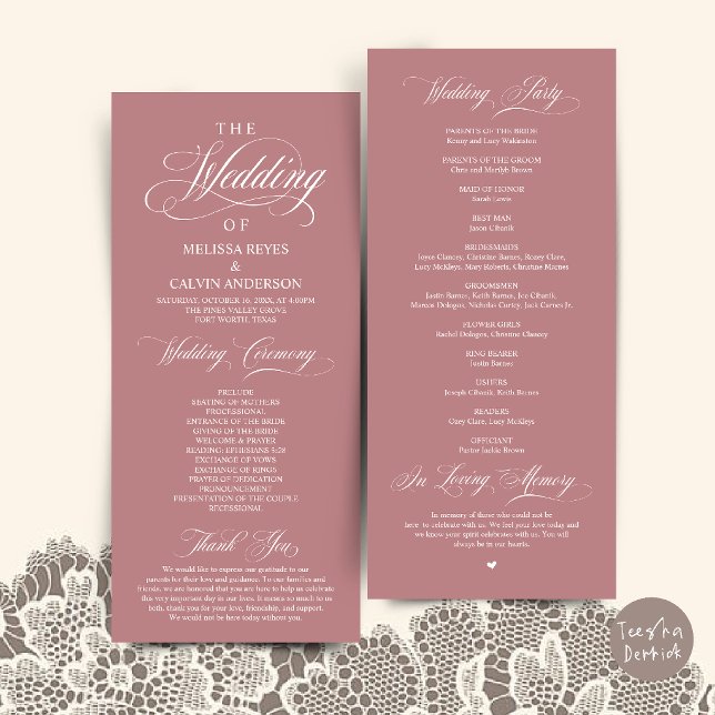 Programa Elegante Cerimônia de Casamento em Rosa Poeira Scr (Elegant Dusty Rose Pink Script Wedding Ceremony Order Program Card)