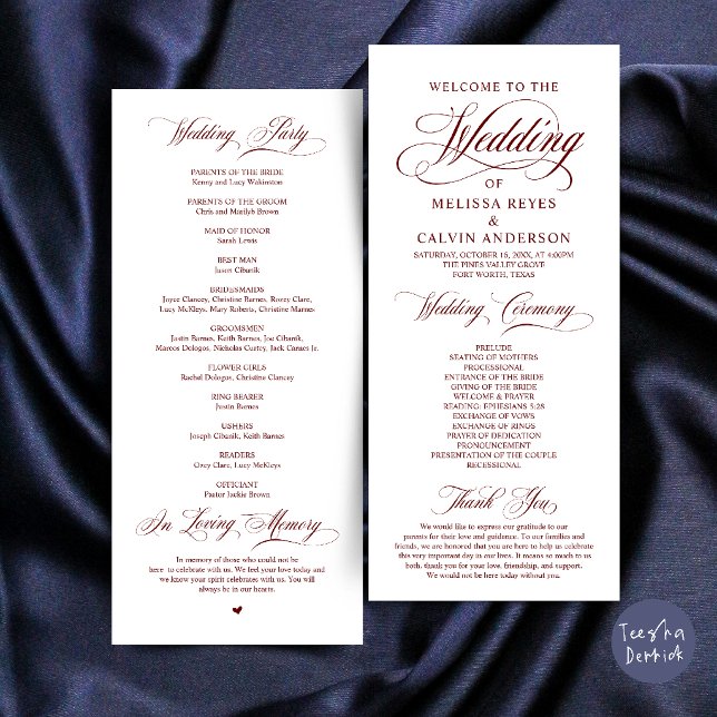 Programa Elegante Cerimônia de Casamento em Vermelho Vinho  (Elegant Classic Burgundy Wine Red Script Wedding Ceremony Program Card)
