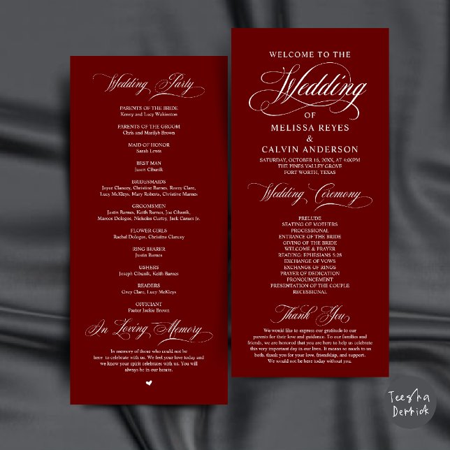 Programa Elegante Cerimônia de Casamento em Vermelho Vinho  (Elegant Classic Burgundy Wine Red Script Wedding Ceremony Program Card)