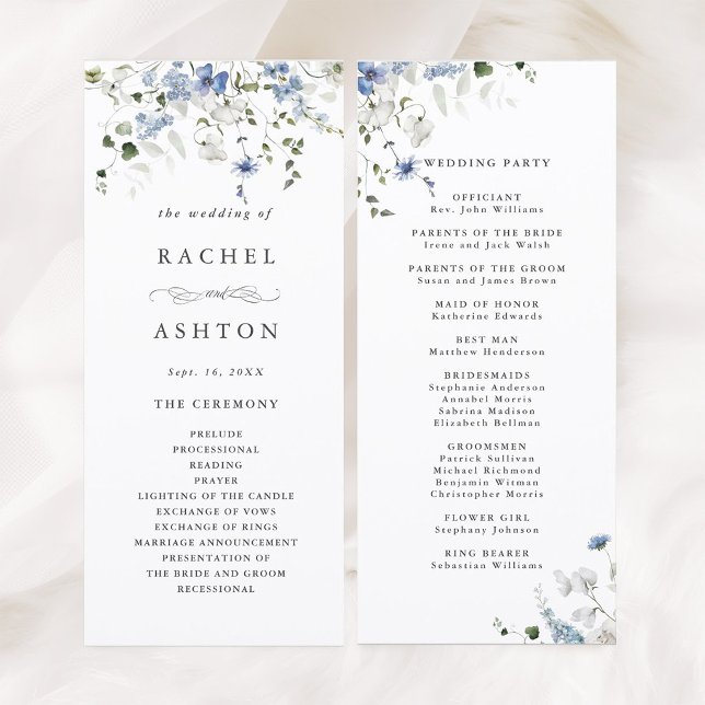 Programa Elegante Cerimônia de Casamento Floral Azul Branco (Front & Back)