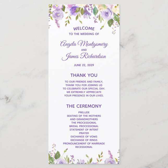 Programa Elegante Cerimônia de Casamento Floral com Aquarel (Frente)