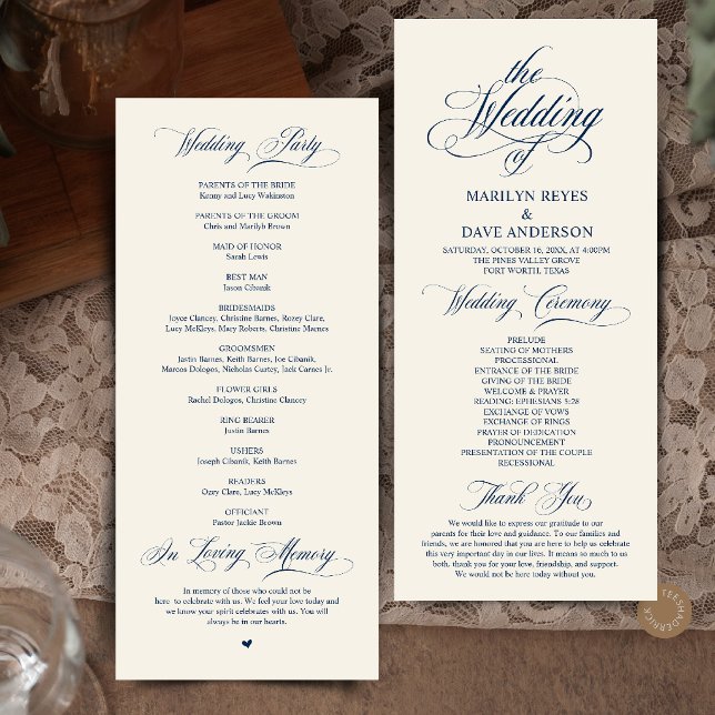 Programa Elegante Cerimônia de Casamento Formal Azul Naval  (Elegant Navy Blue and Ivory Formal Wedding Ceremony Classic Program Card)