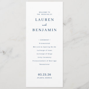 Programa Elegante Cerimônia de Casamento Tipográfica em Azu