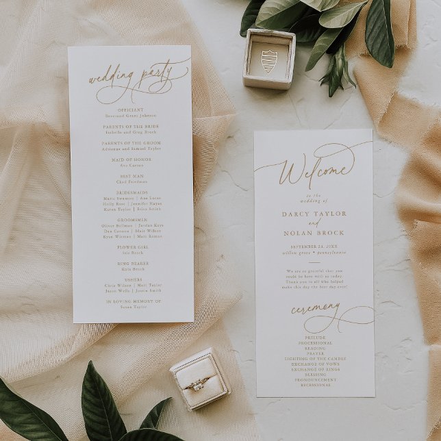 Programa Elegante Charm Flat White e Dourado Weding Program (Elegant Charm Flat White and Gold Wedding Program)