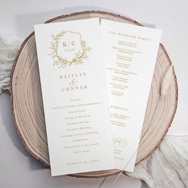Programa Elegante Crista Vintage Ouro Casamento Clássico (Elegant wedding programs with vintage crest / wedding logo and wedding party info on back - in gold)