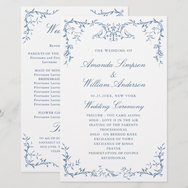 Programa Elegante de Casamento Azul Ornamentado Vi (Frente/Verso)