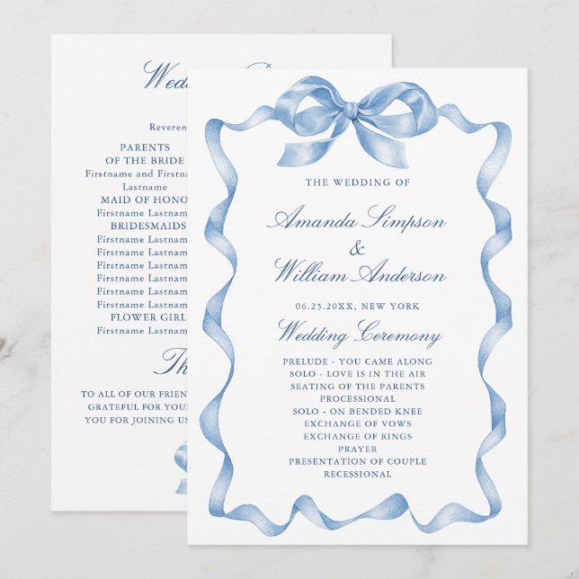 Programa Elegante de Casamento de Arcos Azuis e Du (Frente/Verso)