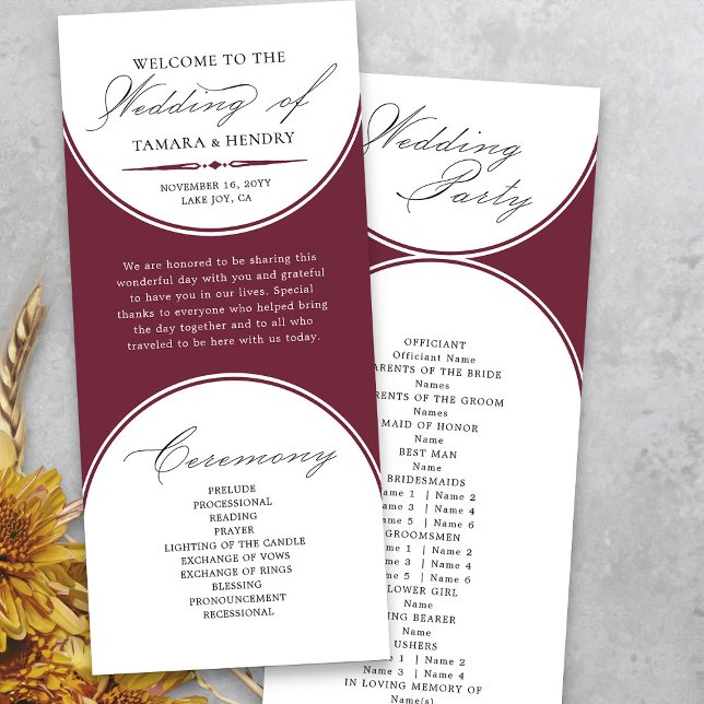 Programa Elegante de Casamento de Arcos da Borgonh (Modern arches burgundy wedding order of service program from my Wedding Colors collection)