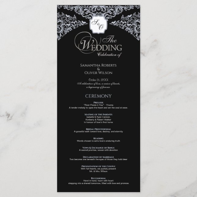 Programa Elegante de Casamento de Monogramas Preto (Frente)