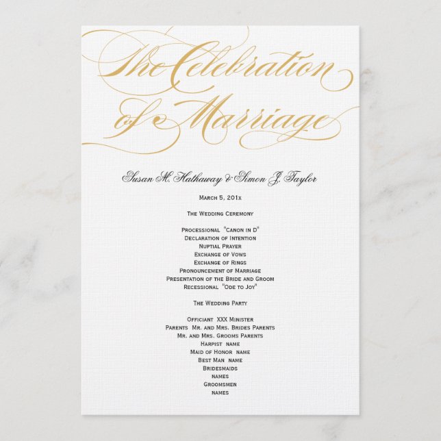Programa Elegante de Casamento de Script - Dourado (Frente)