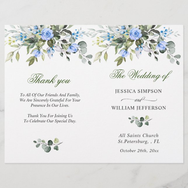 Programa Elegante de Casamento Eucalyptus Watercol (Frente)