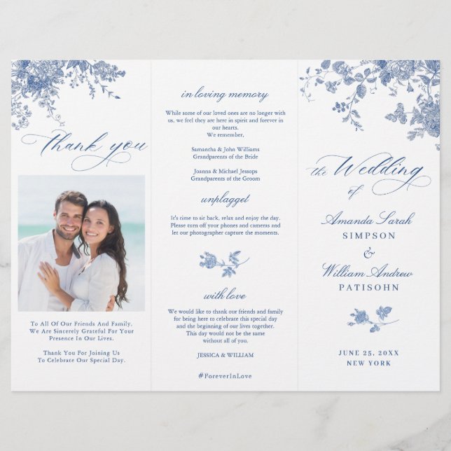 Programa Elegante de Casamento Floral Azul Vitoria (Frente)