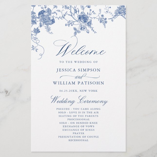 Programa Elegante de Casamento Floral Azul Vitoria (Frente)