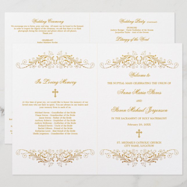 Programa Elegante de Casamento Flourish Dourado (Frente/Verso)