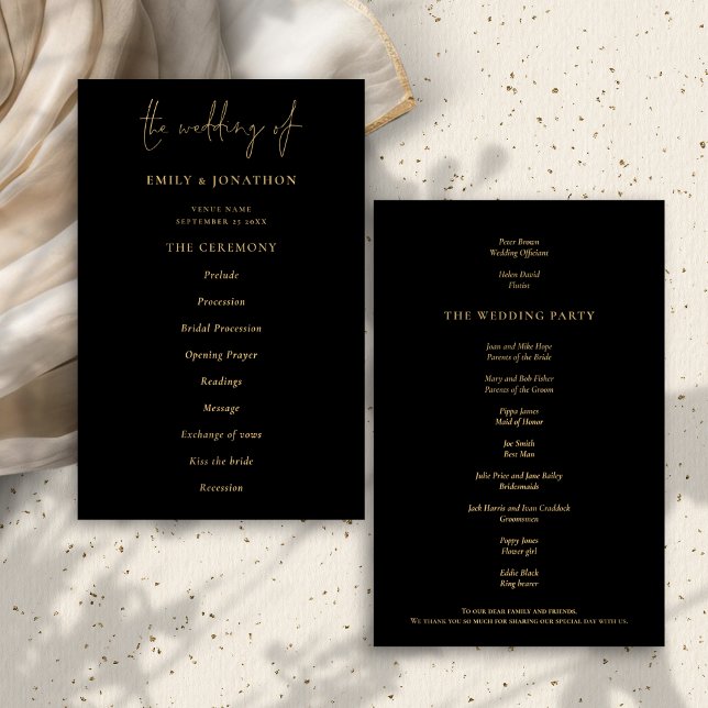 Programa Elegante de Casamento Negro Dourado (Front and back view)