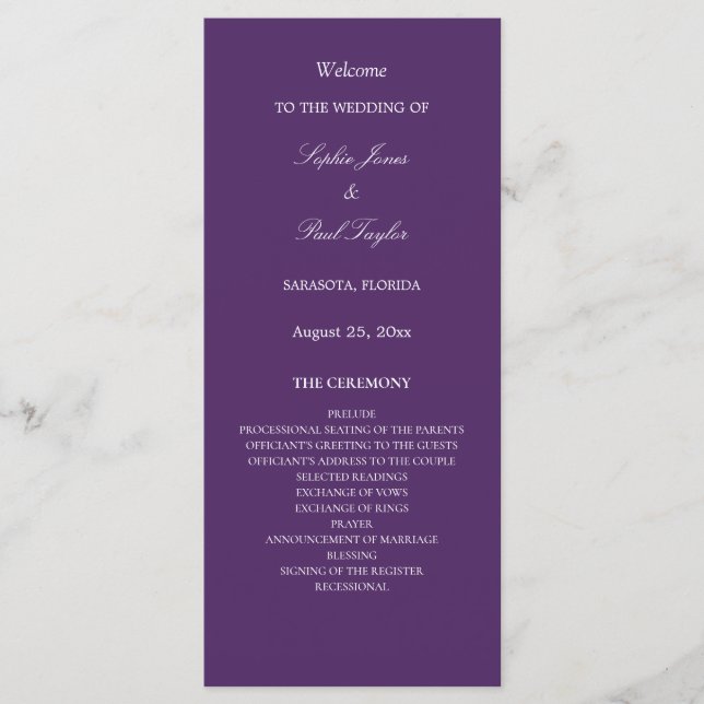 Programa Elegante de Casamento Roxo Escuro (Frente)