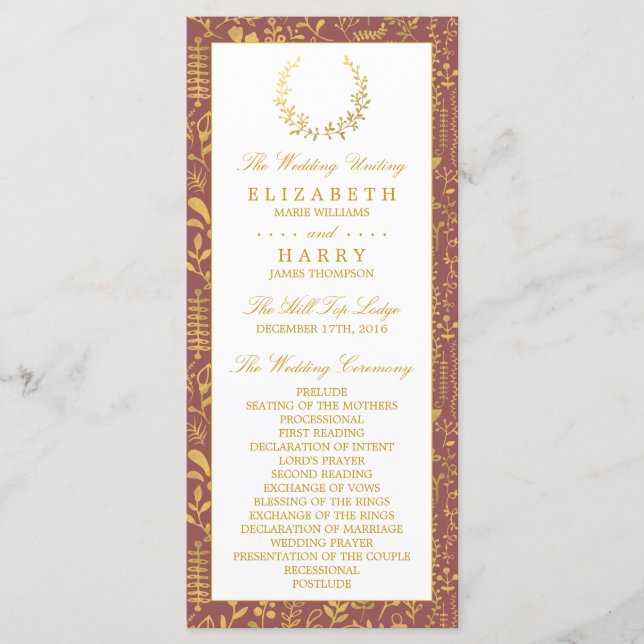 Programa Elegante Dourado de Casamento Floral (Frente)