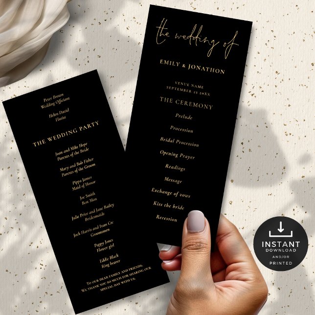 Programa Elegante Dourado de Casamento Negro (Front and back view)