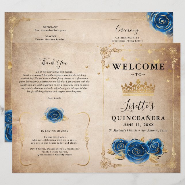 Programa Elegante Dourado e Royal Blue Quinceanera (Frente/Verso)