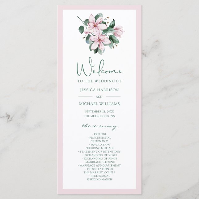 Programa Elegante Dusty Pink Watercolor Magnolia Casamento (Frente)