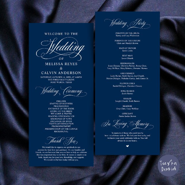 Programa Elegante e Sofisticada Cerimônia de Casamento com  (Elegant Classic Navy Blue Script Wedding Ceremony Program Card)