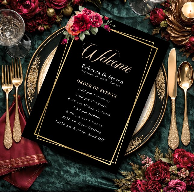 Programa Elegante floral vermelho preto sombrio Casamento r (Criador carregado)