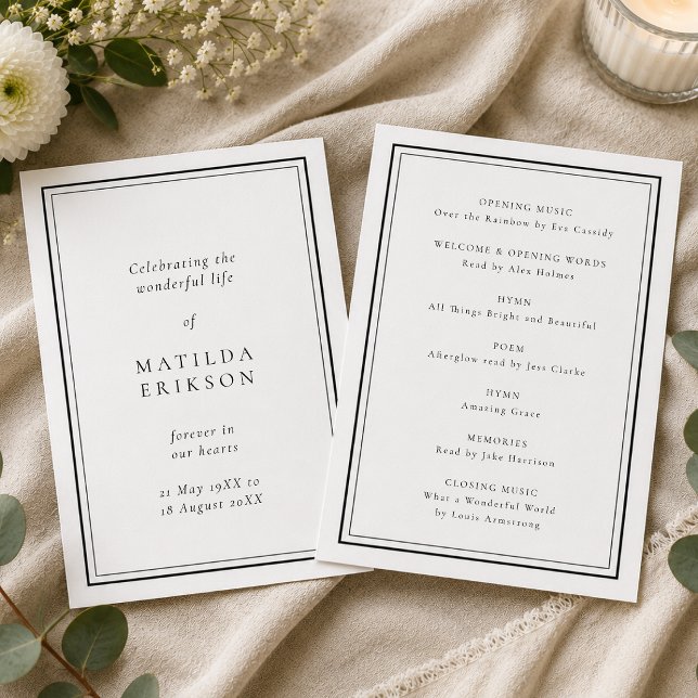 Programa Elegante Funeral | Ordem Clássica de Serviço (Personalized funeral program with classic border for memorial order of service details.)