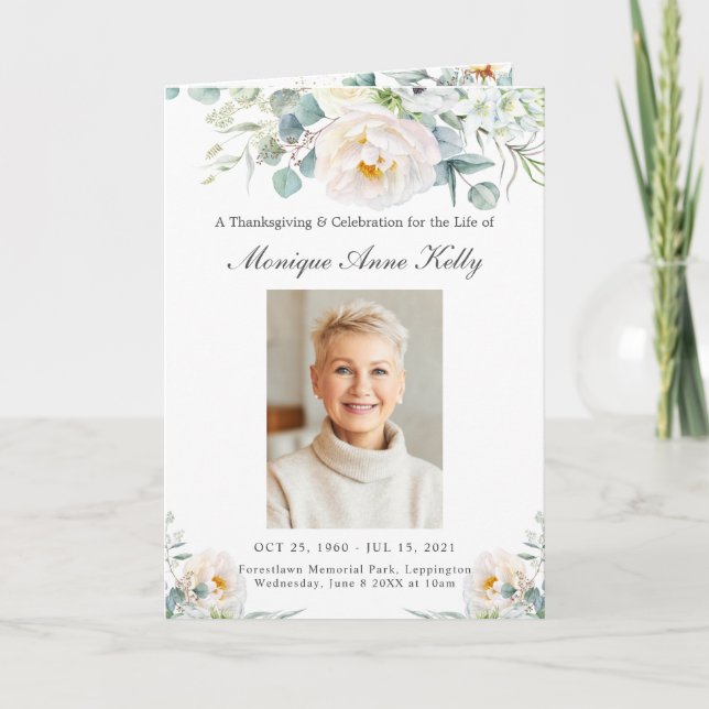 Programa Elegante Ivory Peony Floral Greenery Foto Funeral (Frente)