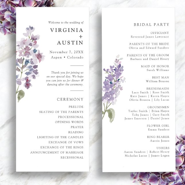 Programa Elegante Lilac Wedding (Elegant Watercolor Lilac Wedding Program by Painted Paperie
)