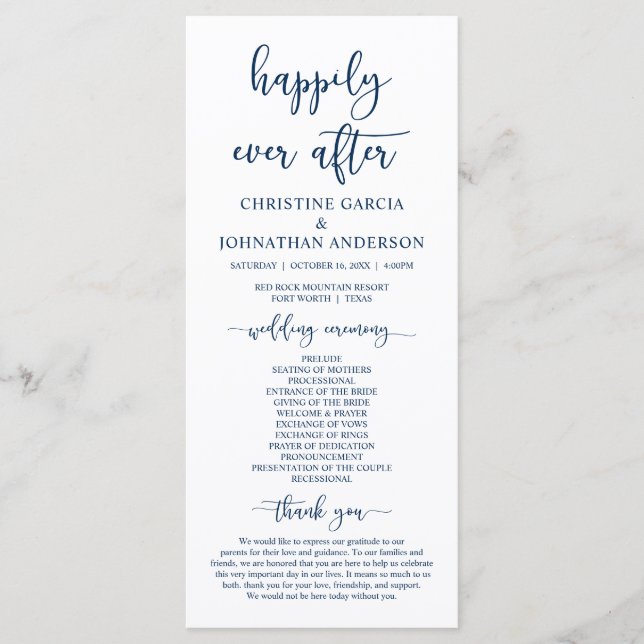 Programa Elegante marinho Azul, nossa Cerimônia de Casament (Frente)