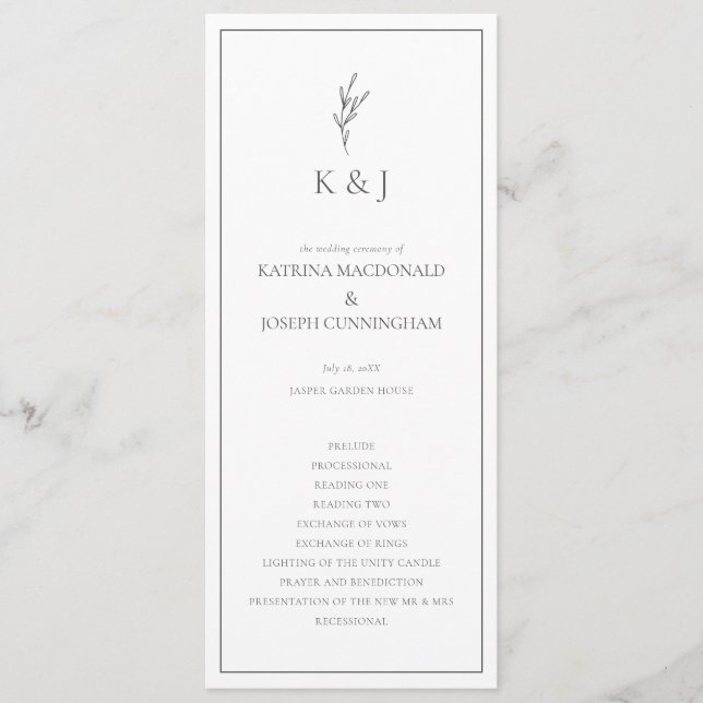 Programa Elegante Minimalista da Cerimônia de Casamento Neg (Frente)