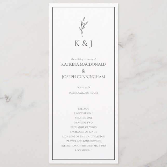 Programa Elegante Minimalista da Cerimônia de Casamento Neg (Frente)