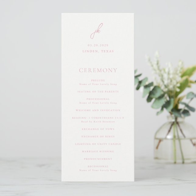 Programa Elegante Monograma de Casamento em Letra Script Ro (Em pé/Frente)