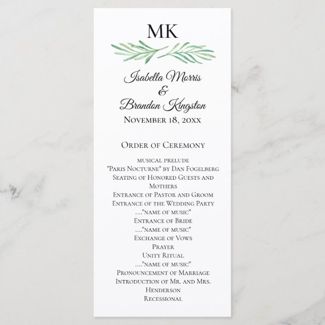 Programa Elegante Monograma de Casamento Verde (Frente)