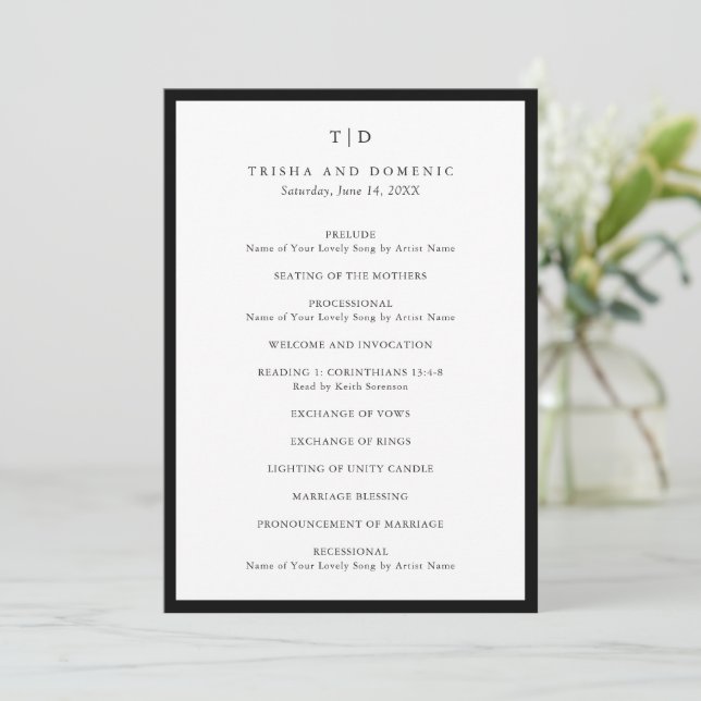 Programa Elegante Monograma Preto e Branco Casamento Modern (Em pé/Frente)