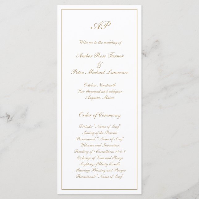 Programa Elegante Monograma Simples Formal Casamento Ouro (Frente)