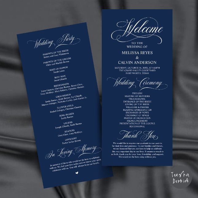 Programa Elegante Ordem de Cerimônia de Casamento Classe Az (Elegant Classy Wedding Ceremony Order Navy Blue Program Card)