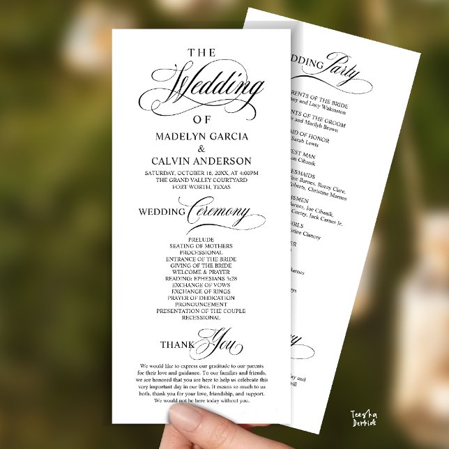 Programa Elegante Ordem de Cerimônia de Casamento com Letra (Elegant Classy Gold Script Wedding Ceremony Order Program Card in Black and White)