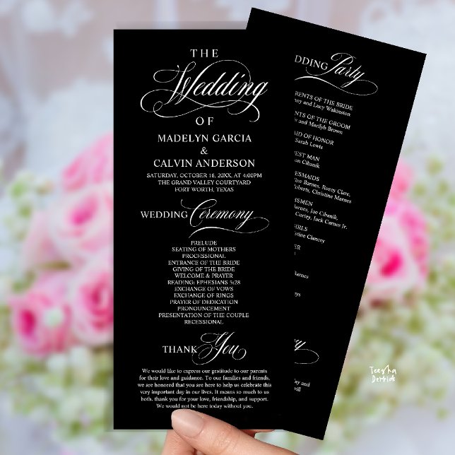 Programa Elegante Ordem de Cerimônia de Casamento Preto e B (Elegant Classy Gold Script Wedding Ceremony Order Program Card in Black and White)