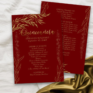 Programa Elegante Quinceanera Vermelho e Folha de Ouro
