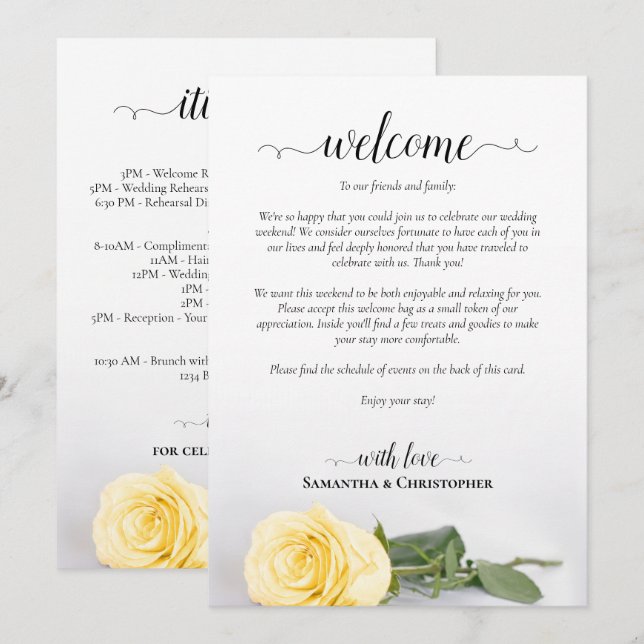 Programa Elegante Rosa Amarela Casamento Boas-Vindas & Itin (Frente/Verso)