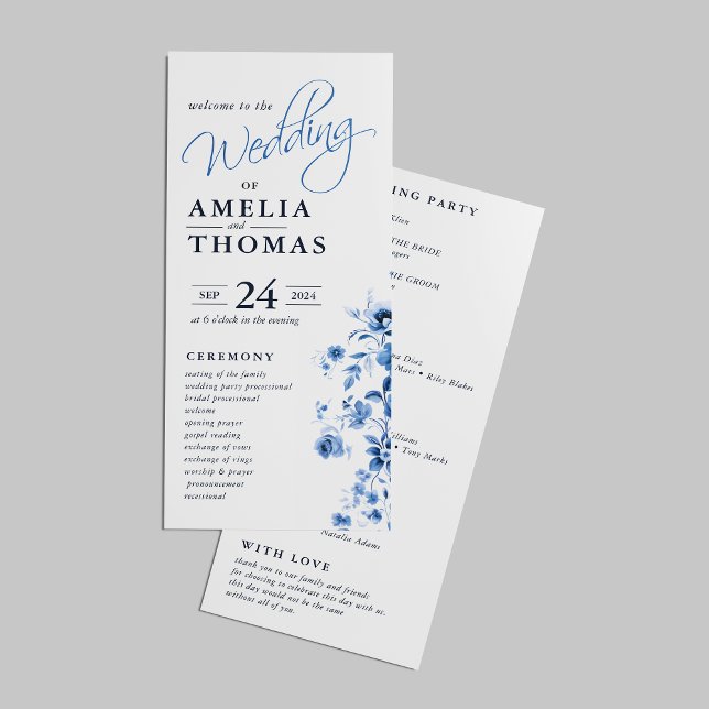 Programa Elegante Roteiro Floral Toile Azul Francês Casamen (Criador carregado)