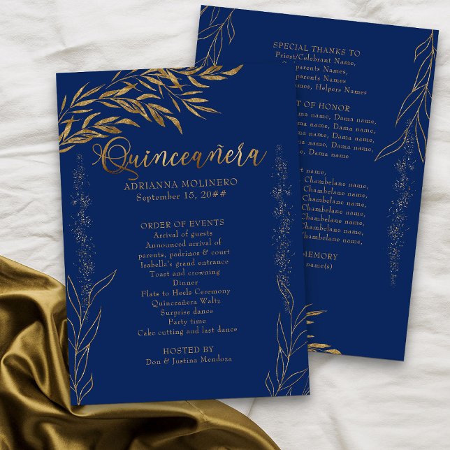 Programa Elegante Royal Blue e Dourada Leaf Quinceanera (Royal Blue Program from my Gold Leaf Quinceanera Collection)