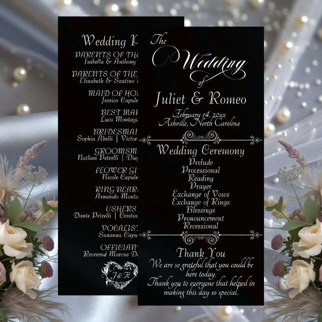 Programa Elegante Script e Monograma - Casamento Preto (Criador carregado)