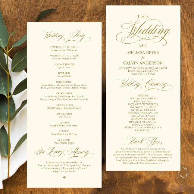 Programa Elegante Sofisticado Dourado Amarelo Creme Roteiro (Elegant Classy Gold Yellow Cream Script Wedding Program Card)
