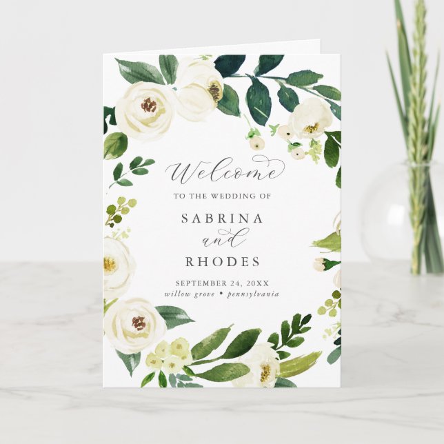 Programa Elegante White Floral Folding Wedding Program (Frente)