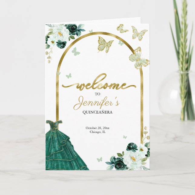Programa Emerald Green Dress Floral Quinceanera Programs (Frente)
