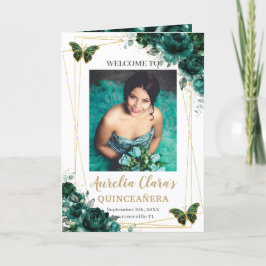 Programa Emerald Green Floral Quinceanera Foto Padrinos